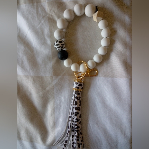 Accessories - White and Black Beaded Keychain with Tassel
